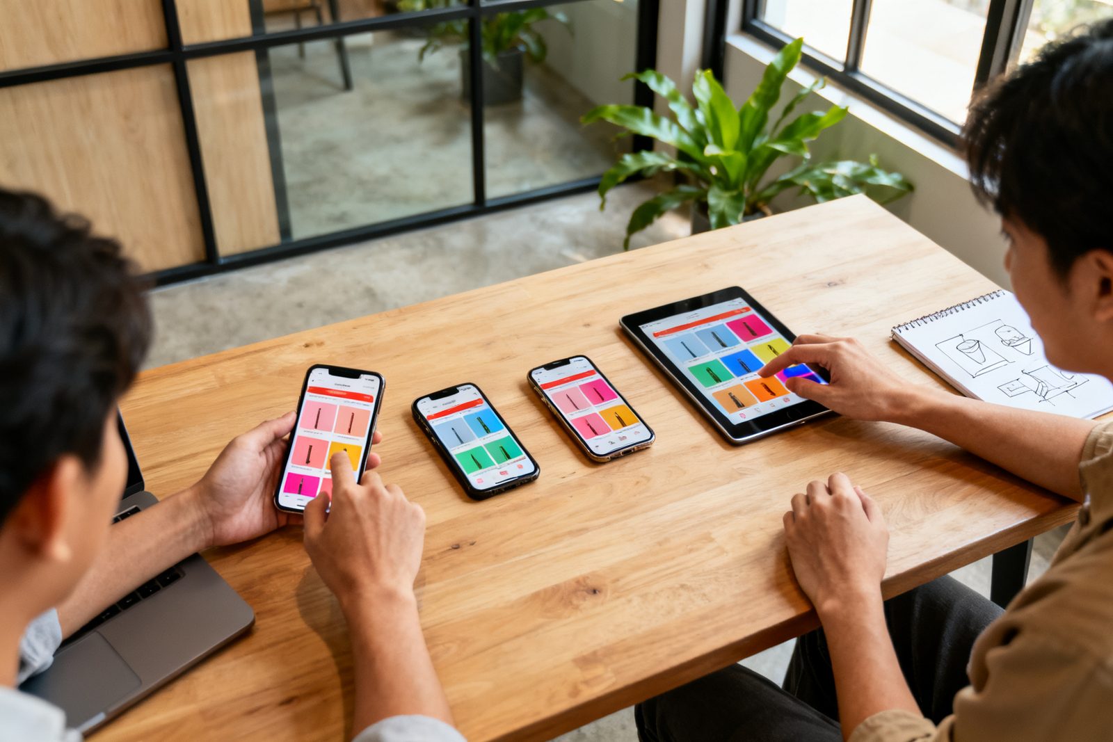 Masada yan yana dört telefon ve bir tablette alışveriş uygulaması testi
