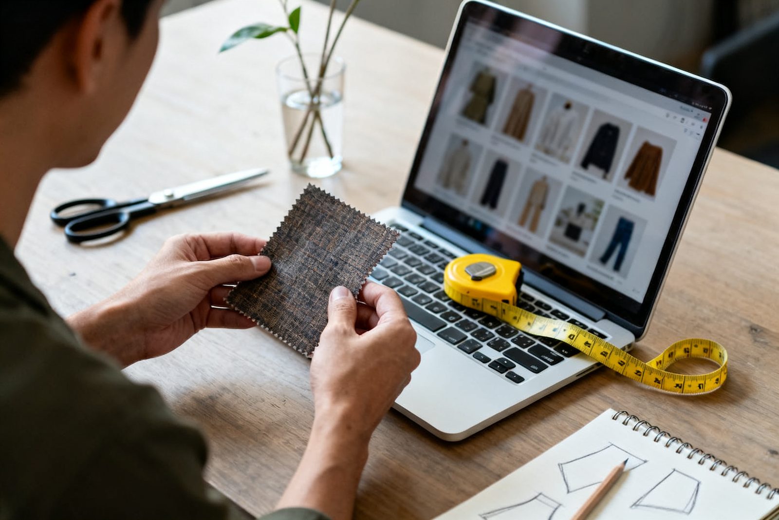 Kumaş örneği ve mezura yanında ürün fotoğrafları açık bir dizüstü bilgisayar: terzi işi e-ticaret