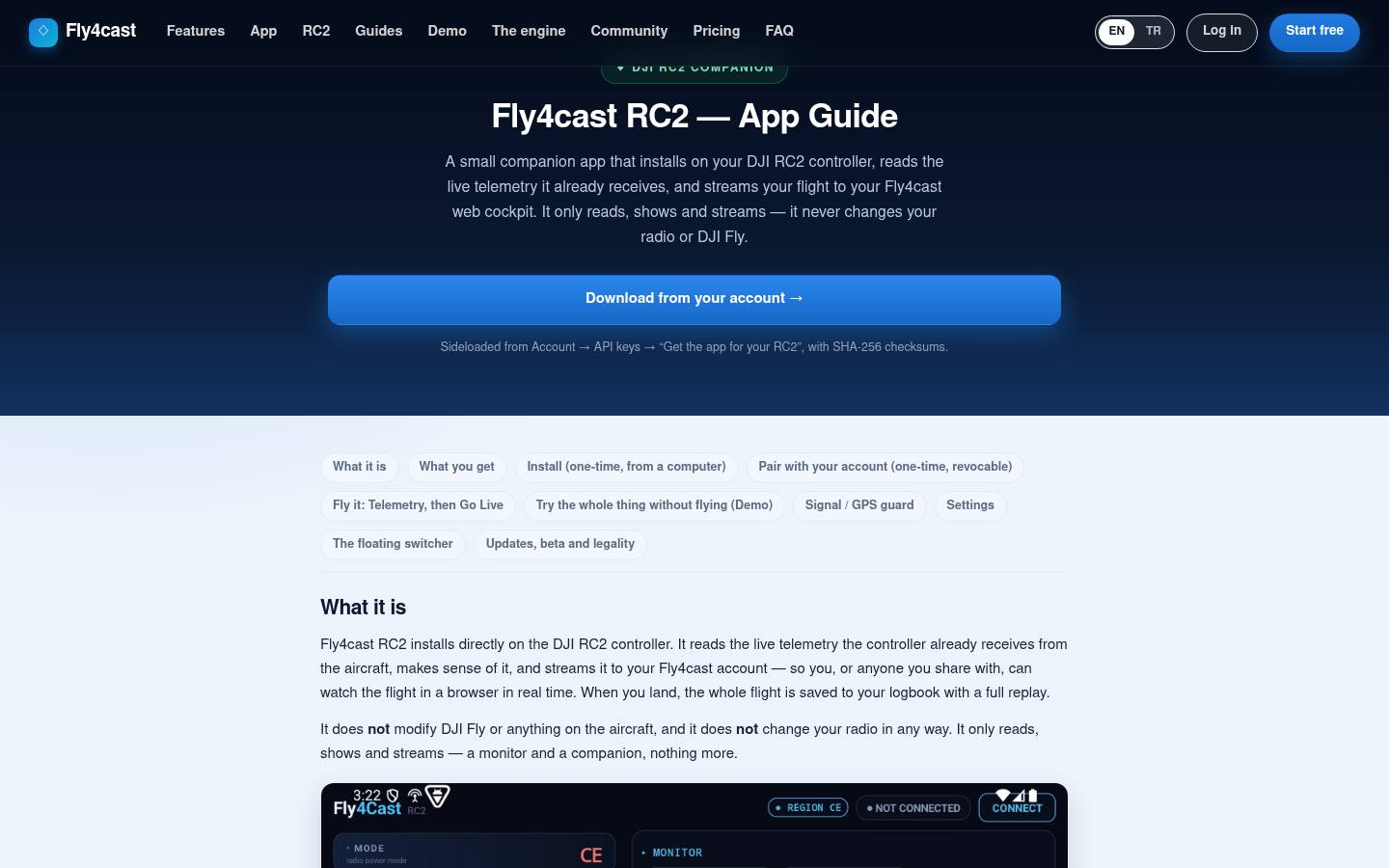 Fly4cast RC2 uygulama rehberi: DJI RC2 kumandasından canlı uçuş yayını
